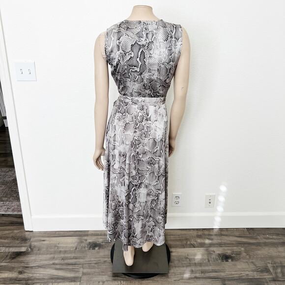[White House Black Market] Gray Snake Print Hi-Low Satin Wrap Midi Dress Size 4 - Picture 2 of 8